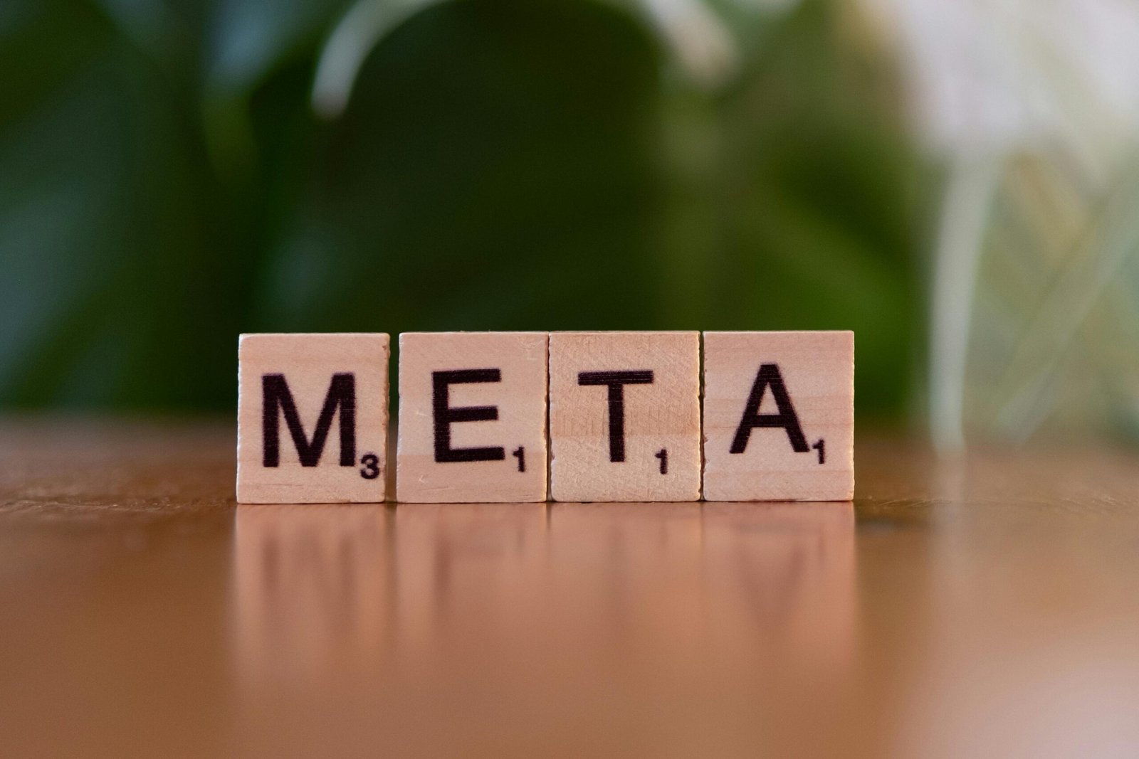 Wooden letter blocks spell META on a table with a blurred green background.